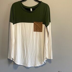 Zenana Outfitters Olive and White Long Sleeve Top with Brown Pocket